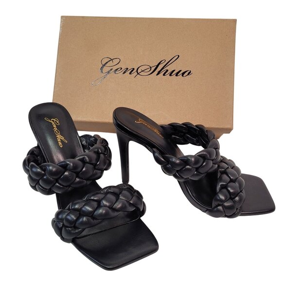 GenShuo Women's Black Braided Square Toe Stiletto High Heels Size 9 New - Picture 1 of 13